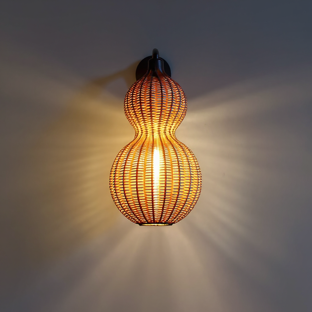 Handwoven Rattan Sconce Light – Bohemian Gourd Outdoor Indoor Fixture with Warm Ambient Glow