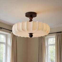 Fabric Scallop Semi-Flush Ceiling Light – Vintage Cream Fixture with Wood Accents