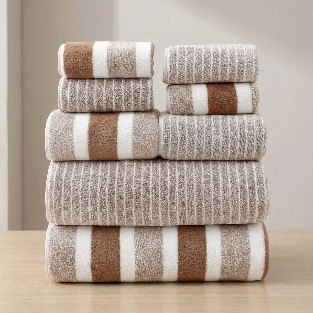 Riverton Stripe Towel Set – Luxury Coral Fleece Bathroom Towels Quick Dry Soft Absorbent Machine Washable