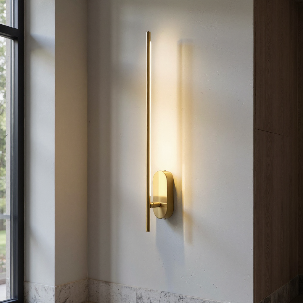 Linea Vertical Glow Wall Lamp - Modern Brass LED Bedroom Hallway Wall Light Fixture