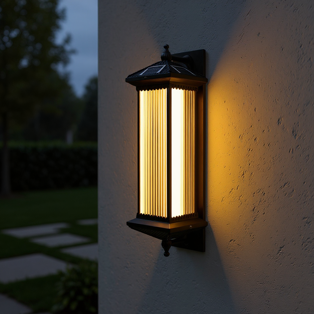 Striped Glass Solar Outdoor Wall Lamp with Warm Ambient Illumination – Waterproof Decorative Exterior Light