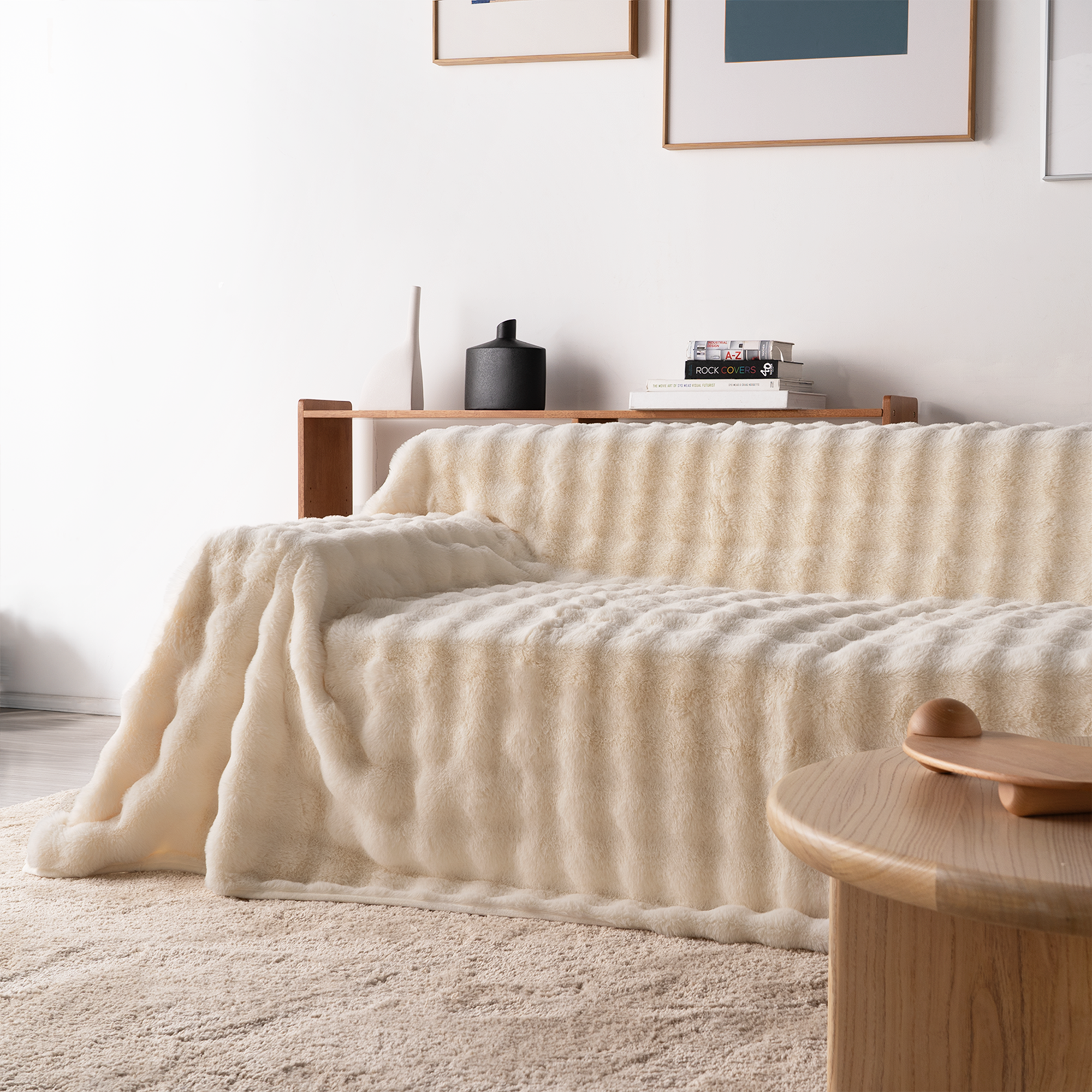 Cirrus Plush Throw Blanket – Faux Fur Channel Stitch Grey Luxury Soft Cozy Bedroom Living Room Decor