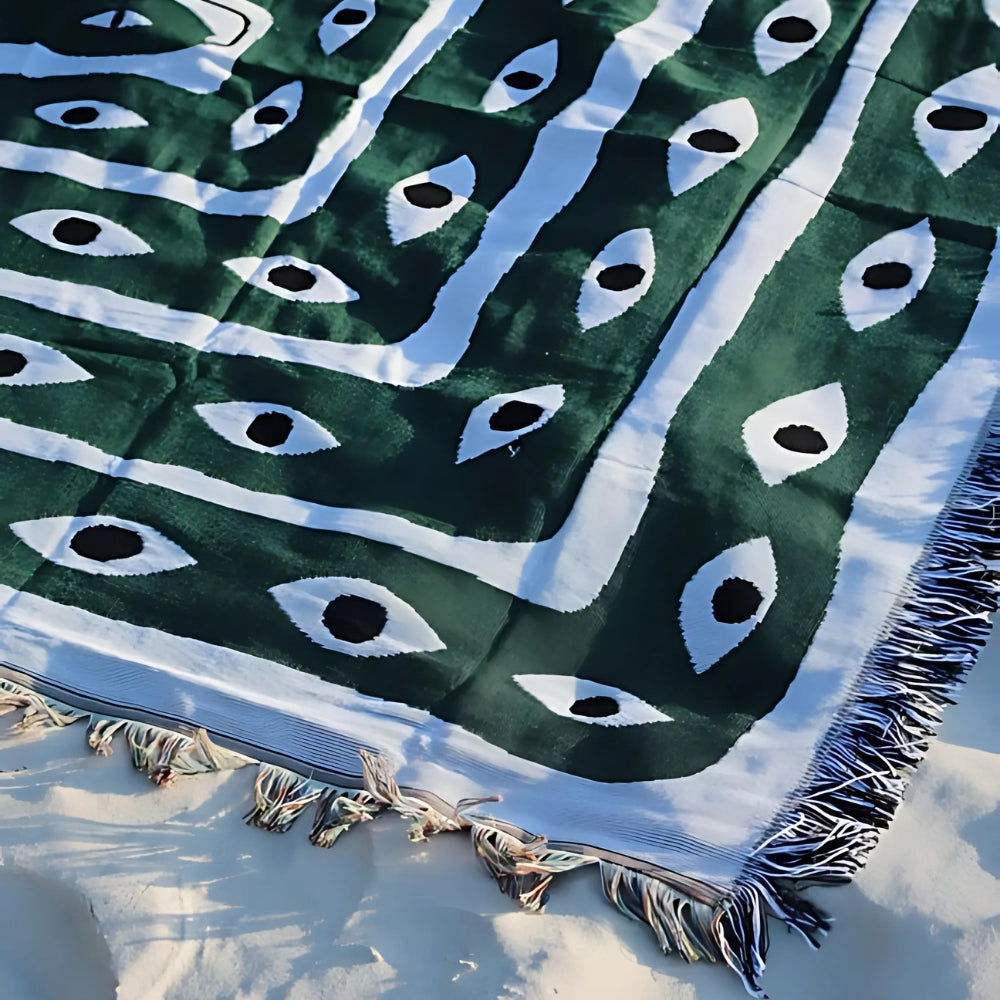Mystara Woven Throw Blanket – Geometric Eye Pattern Cotton Fringe Living Room Bedroom Decor