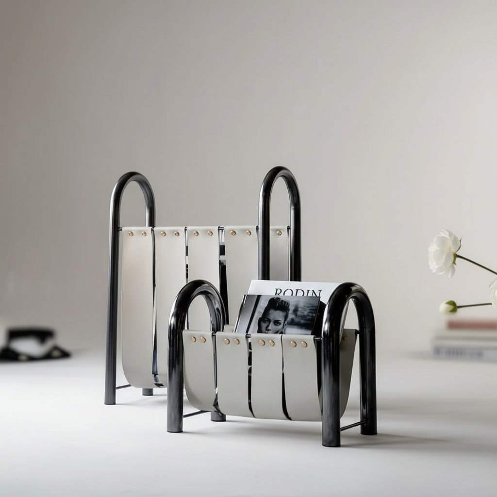 Arkos Leather Magazine Rack – Modern Metal Frame Decorative Storage Living Room Bedroom Home Decor