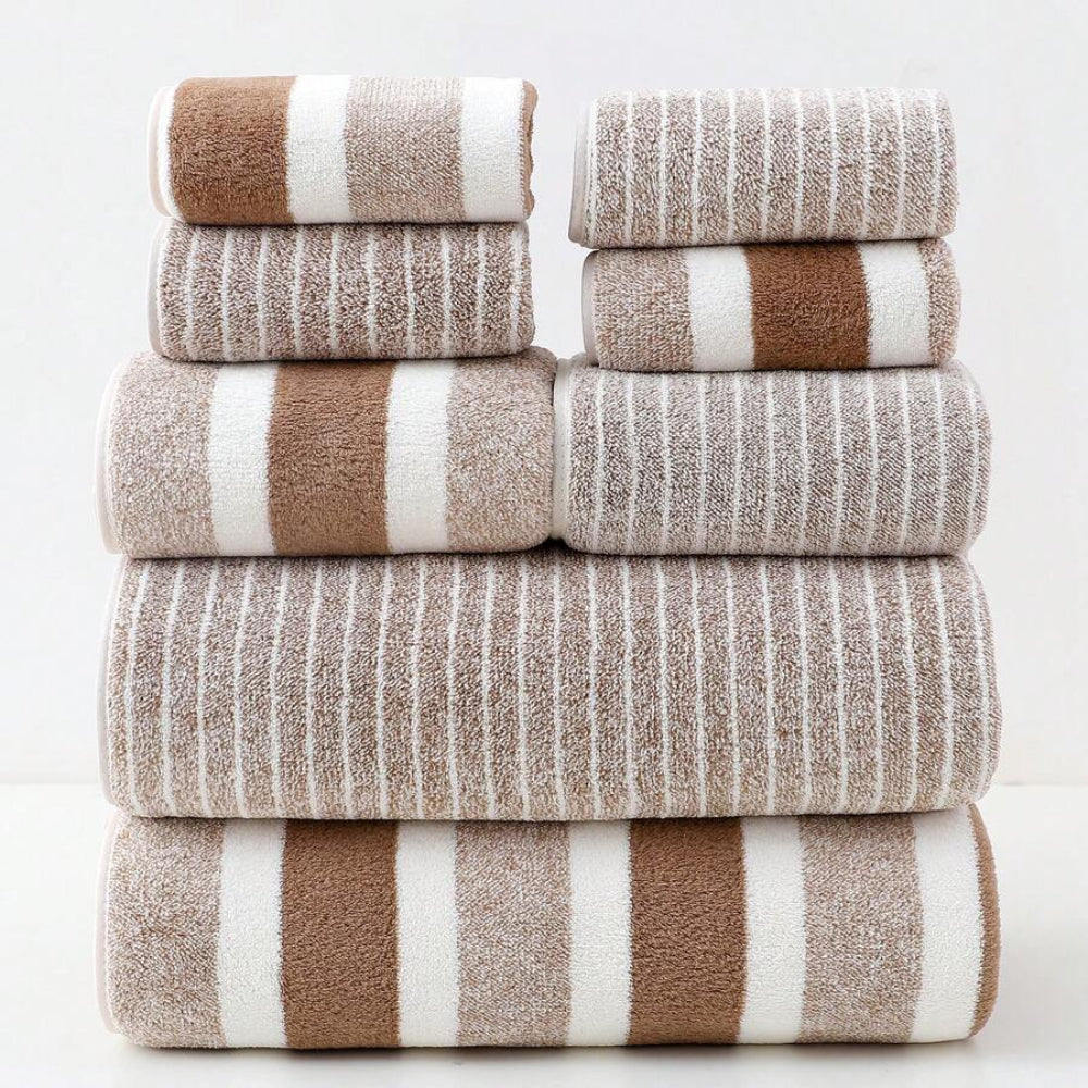 Riverton Stripe Towel Set – Luxury Coral Fleece Bathroom Towels Quick Dry Soft Absorbent Machine Washable