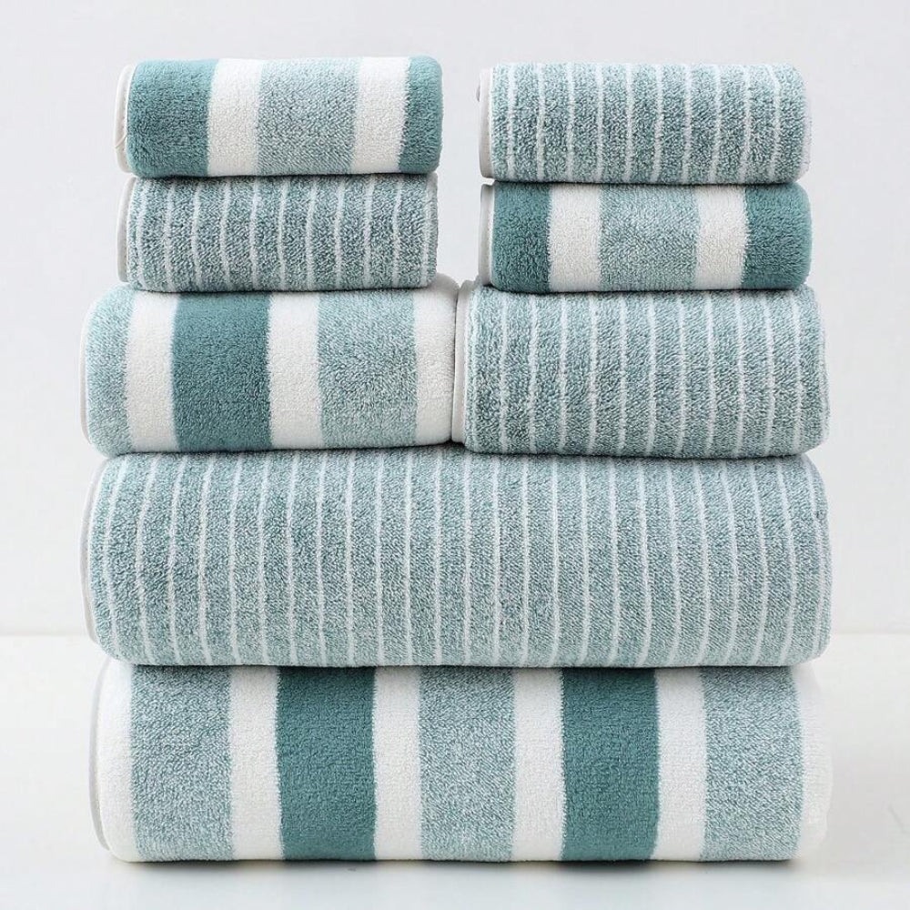 Riverton Stripe Towel Set – Luxury Coral Fleece Bathroom Towels Quick Dry Soft Absorbent Machine Washable