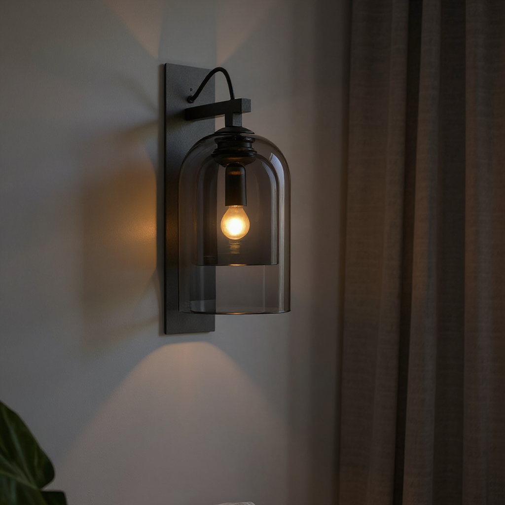 Solstice Smoked Glass Wall Sconce – Modern Black Industrial Bedroom Hallway Light Fixture