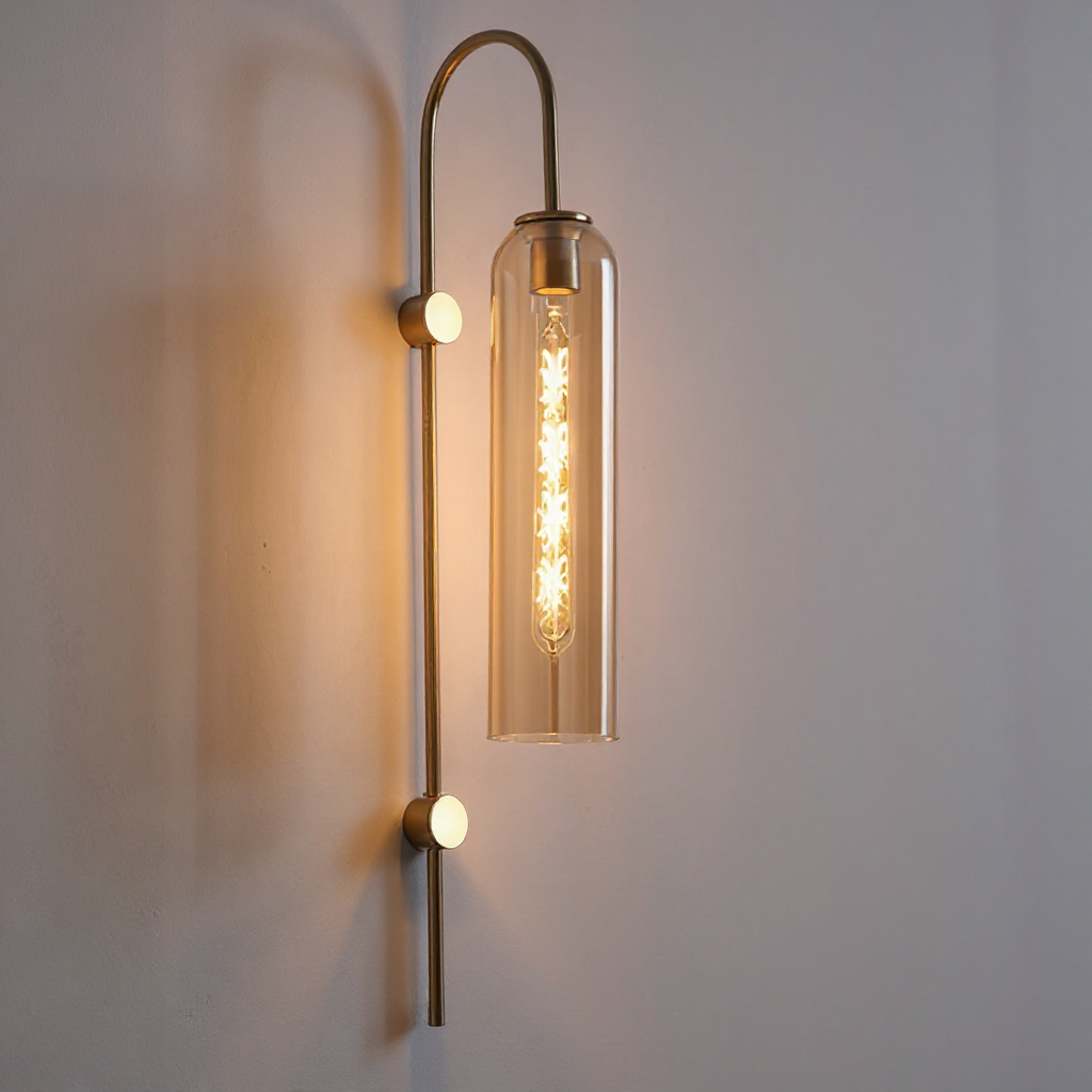 Arcline Cylinder Glass Wall Sconce – Brass Modern Bedroom Hallway Adjustable Light Fixture