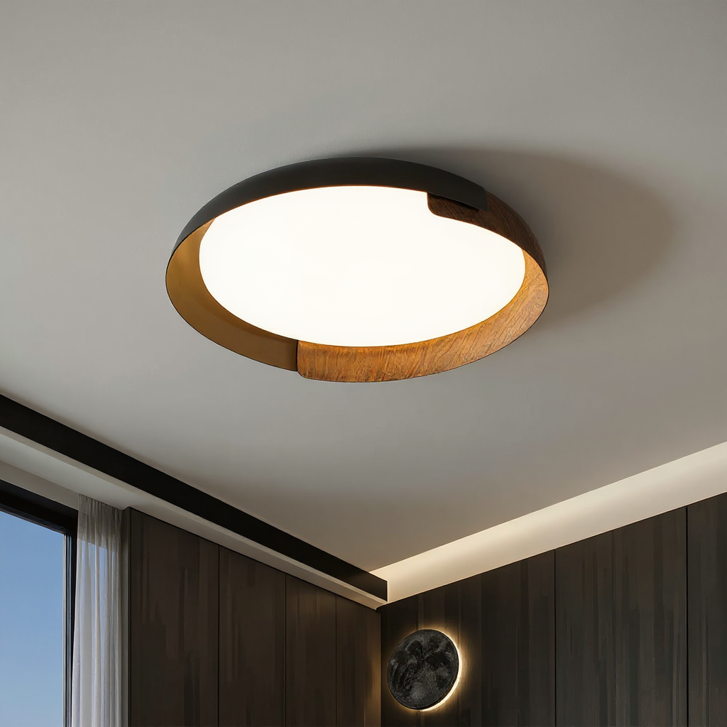 Solara Round Wood Accent LED Ceiling Light – Modern Flush Mount Bedroom Living Room Fixture