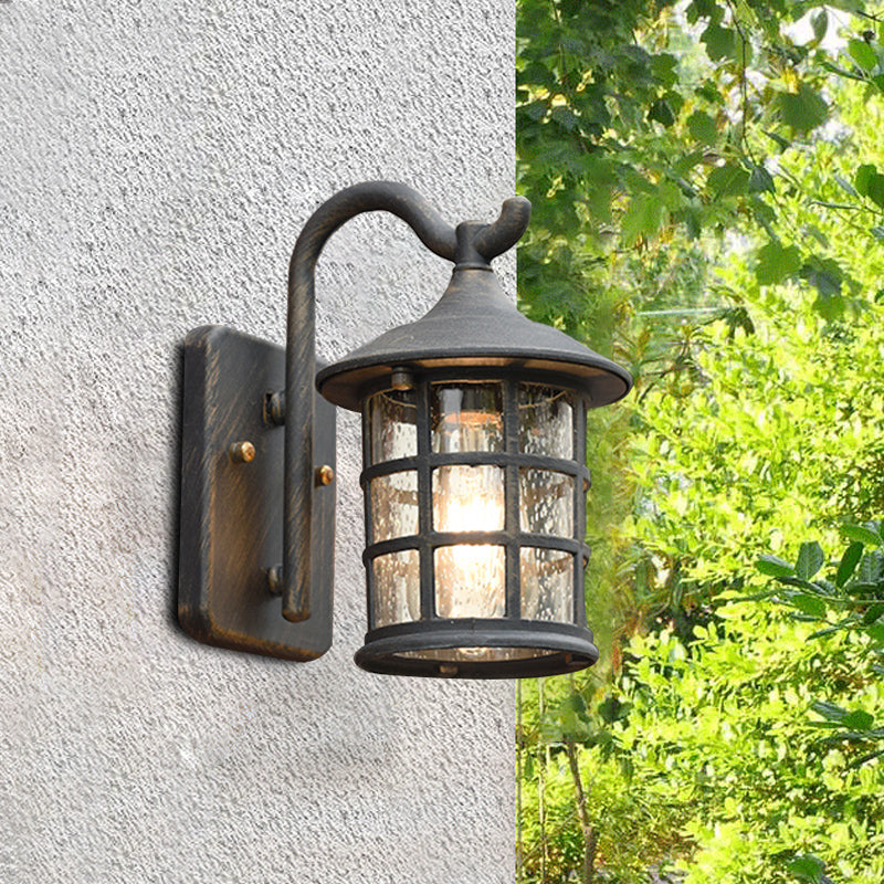 Harborside Nautical Outdoor Wall Lantern – Weathered Black Seeded Glass Porch Light Fixture