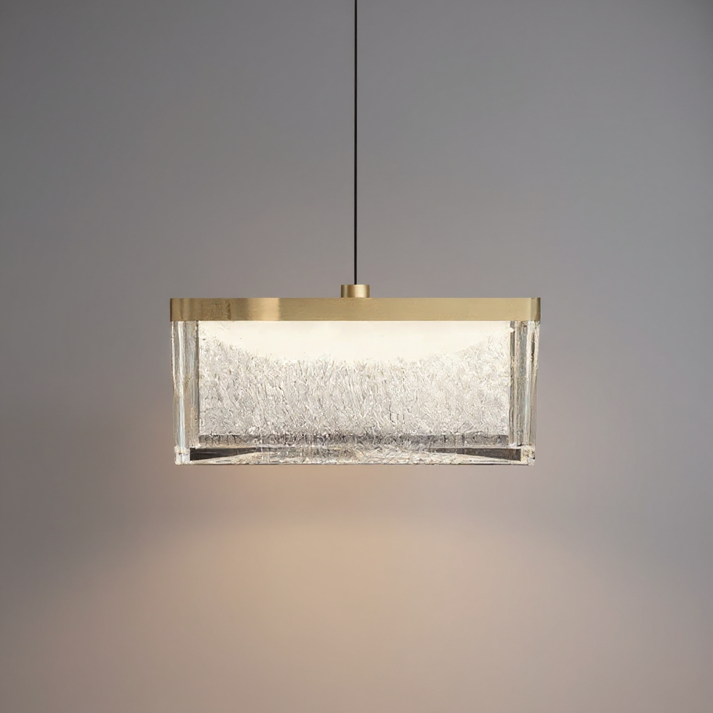 Cascade Seeded Glass Pendant Light – Brass Rectangle Kitchen Island Dining Room Hanging Fixture