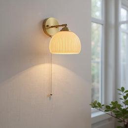 Brass Ribbed Glass Wall Lamp  – Textured Dome Pull-Chain Switch