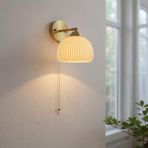 Brass Ribbed Glass Wall Lamp  – Textured Dome Pull-Chain Switch