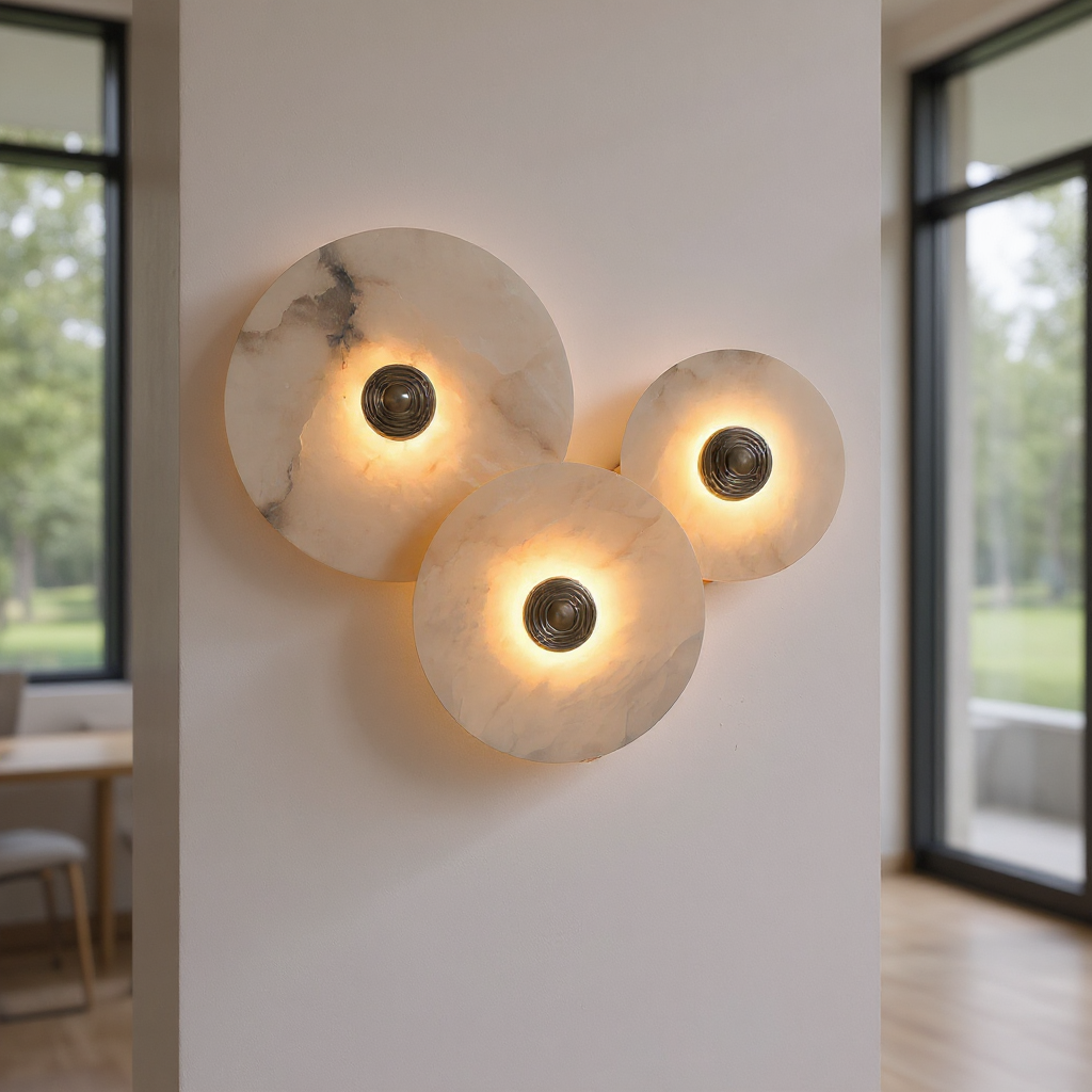 Halo Alabaster Disc Wall Lamp - Triple Round Stone Wall Light Feature