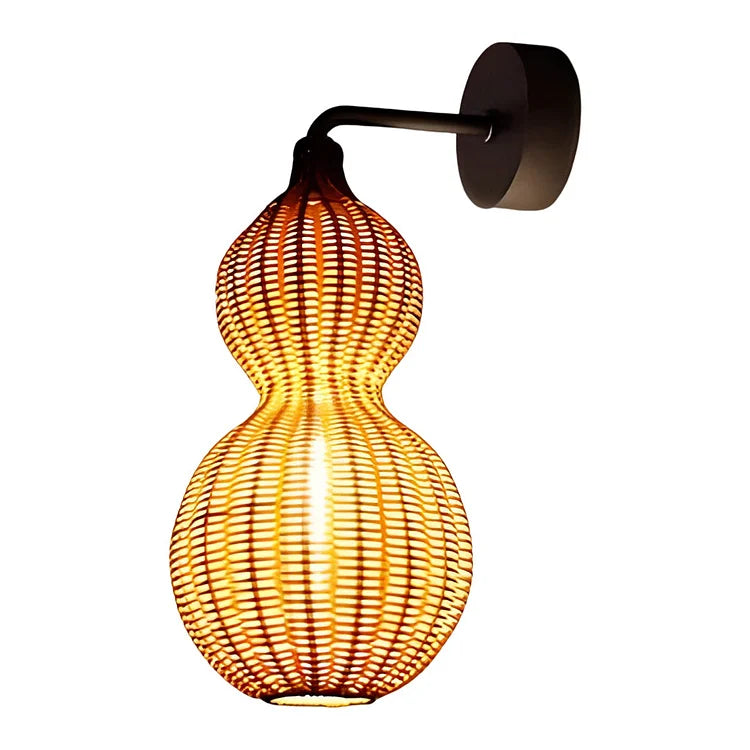 Handwoven Rattan Sconce Light – Bohemian Gourd Outdoor Indoor Fixture with Warm Ambient Glow
