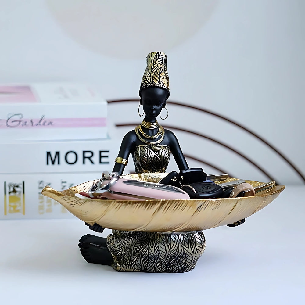 Zephira Leaf Tray Sculpture – African Figurine Decorative Jewelry Catchall Entryway Organizer Gold