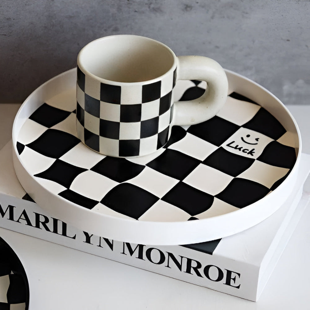 Gridlyn Round Catch Tray – Black White Checkered Decorative Tray Kitchen Bathroom Entryway Organizer