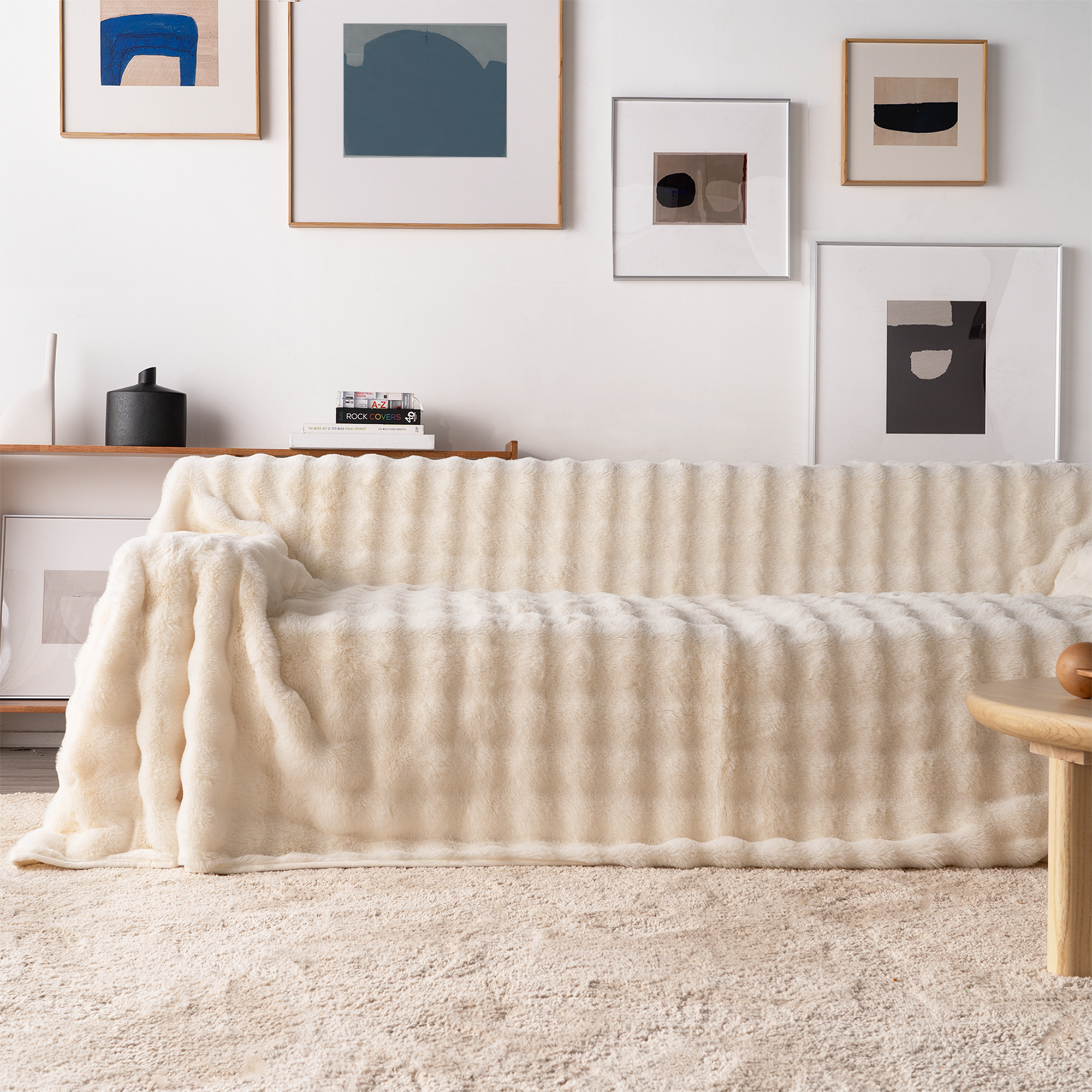 Cirrus Plush Throw Blanket – Faux Fur Channel Stitch Grey Luxury Soft Cozy Bedroom Living Room Decor