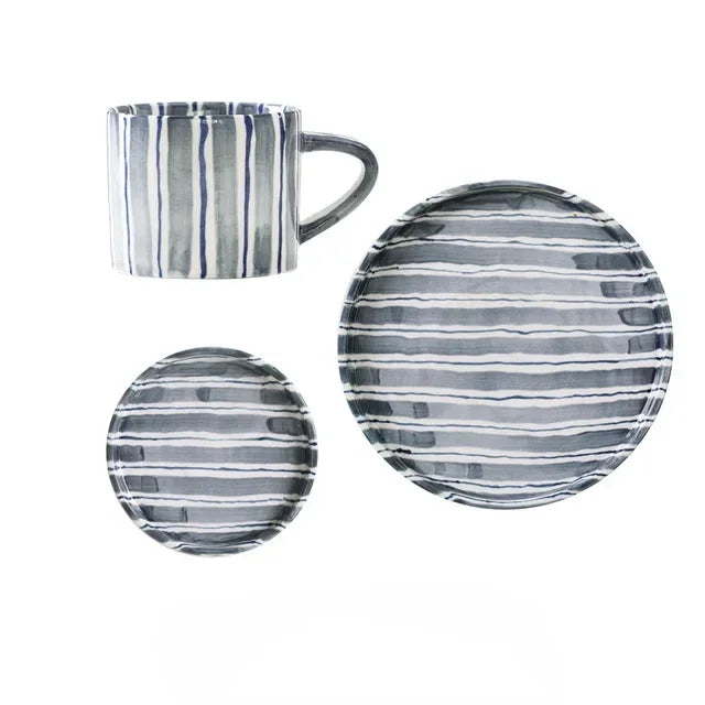 Stratum Stripe Dinnerware Set – Coffee Mug Plate Set Brown White Ceramic Tableware Decorating Coffee Table