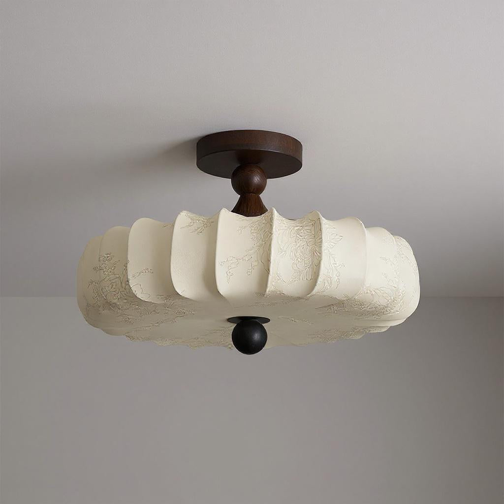 Fabric Scallop Semi-Flush Ceiling Light – Vintage Cream Fixture with Wood Accents