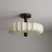 Fabric Scallop Semi-Flush Ceiling Light – Vintage Cream Fixture with Wood Accents