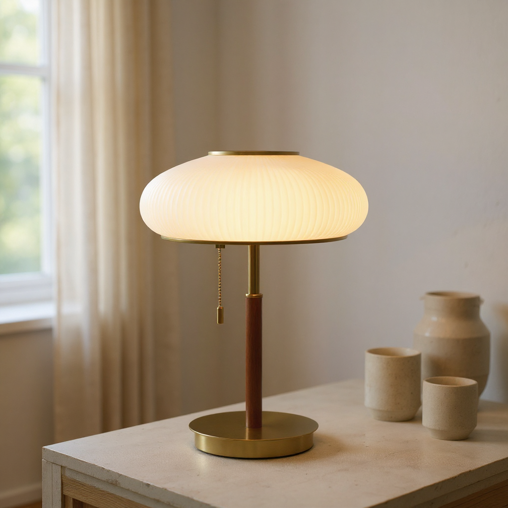 Solstice Ribbed Glass Table Lamp – Modern Brass Accent Bedside Light