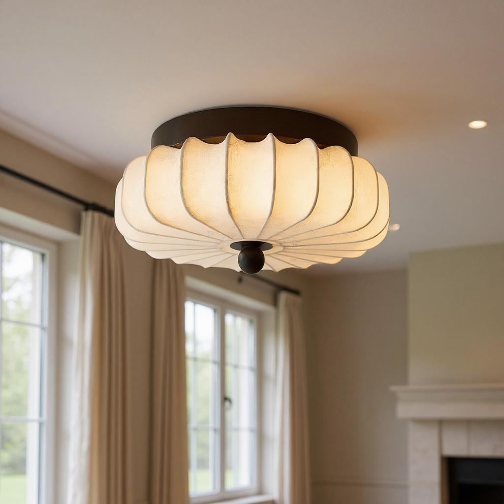 Textured Fabric Flush Mount Ceiling Light – Cream Lantern-Style Fixture