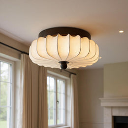 Textured Fabric Flush Mount Ceiling Light – Cream Lantern-Style Fixture