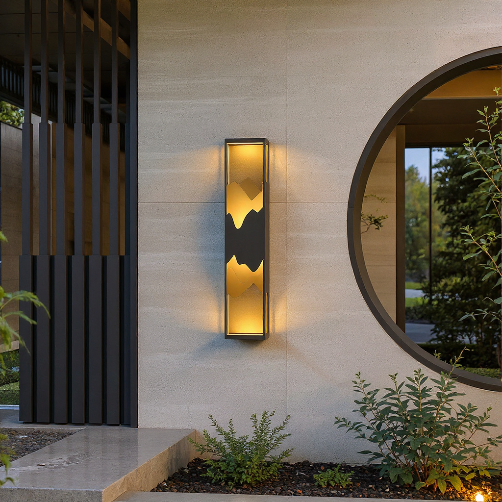 Modern Mountain Silhouette Outdoor Wall Lamp with Ambient LED Glow – Waterproof Architectural Exterior Light