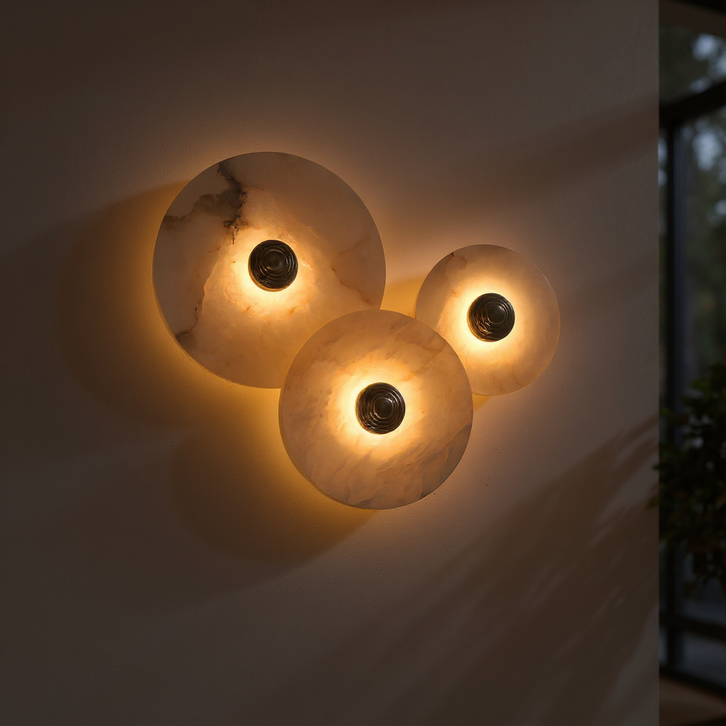 Halo Alabaster Disc Wall Lamp - Triple Round Stone Wall Light Feature