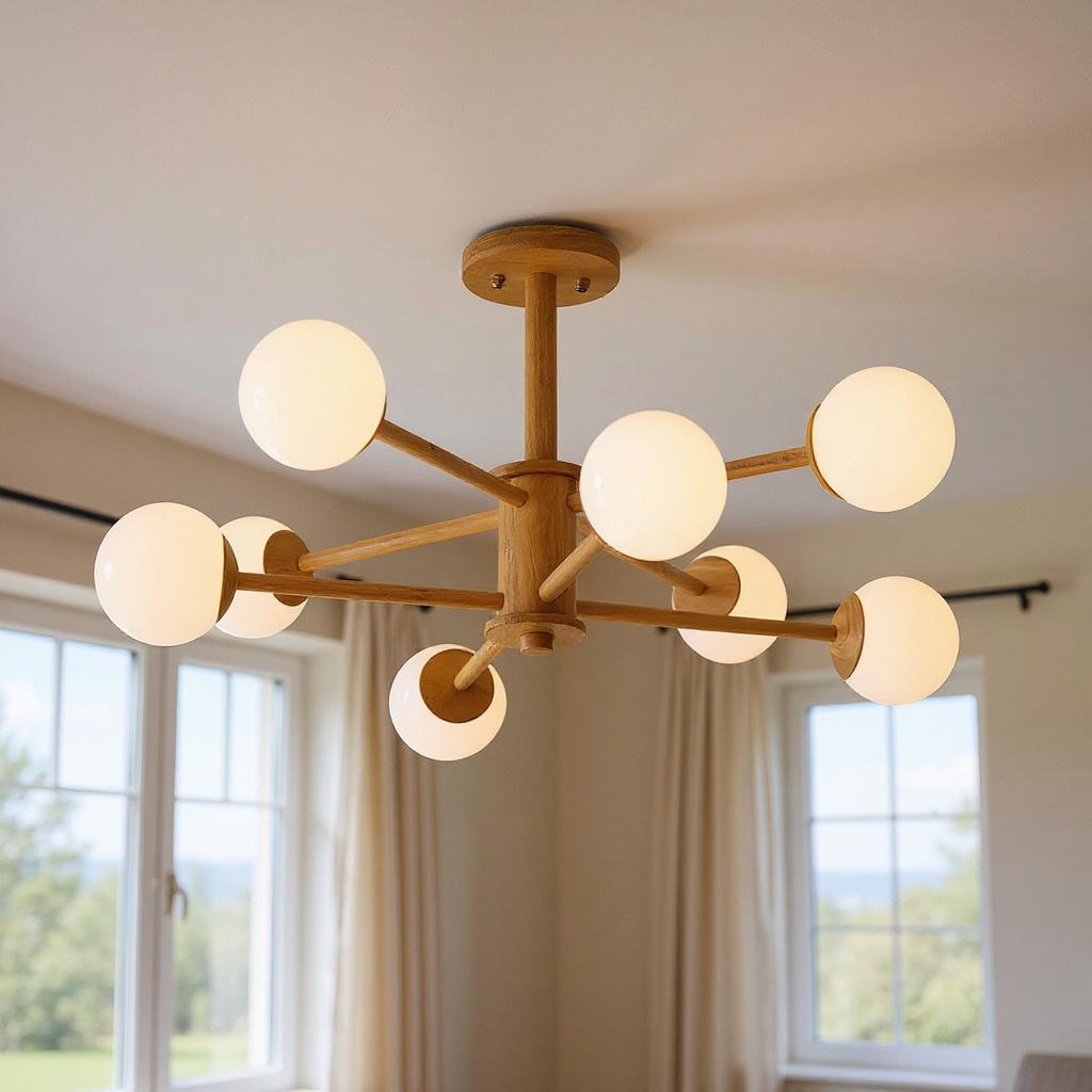 Wooden Globe Ceiling Light – Modern Multi-Arm LED Fixture