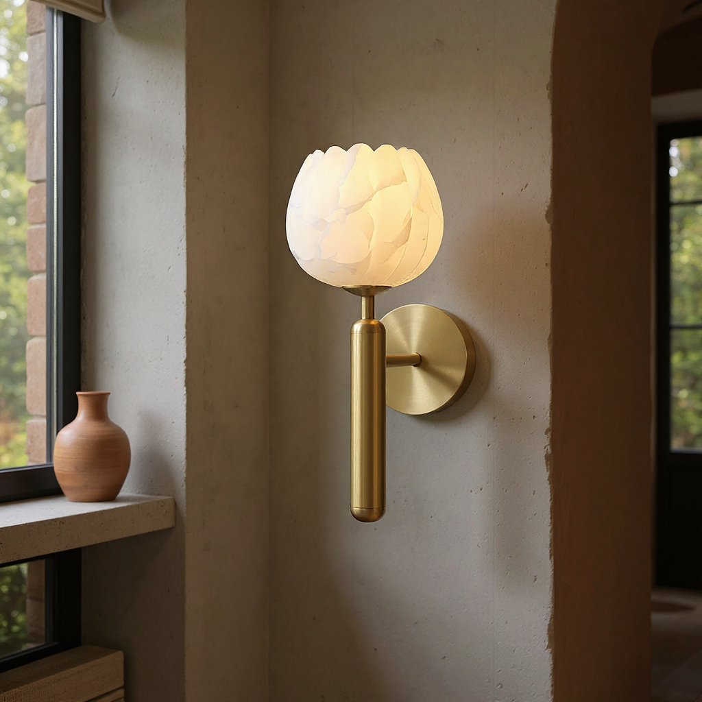 Mirea Floral Wall Lamp – Brass Alabaster Decorative Wall Lighting Fixture