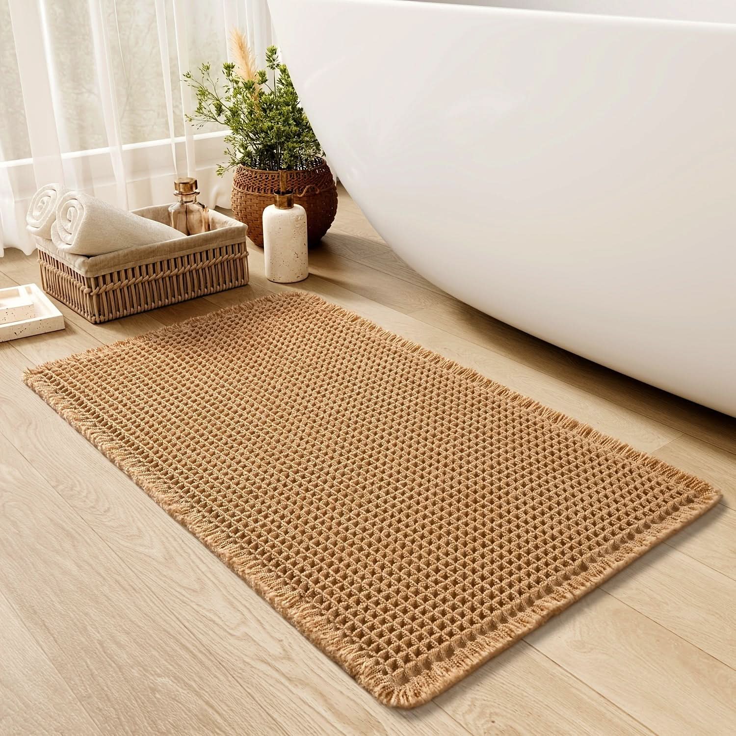 Tessara Waffle Bath Mat – Absorbent Cotton Textured Bathroom Floor Rug Non-Slip Spa Decor