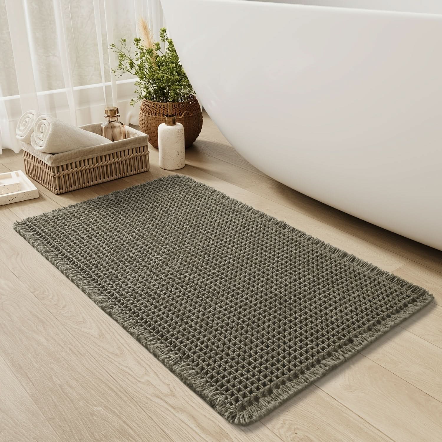Tessara Waffle Bath Mat – Absorbent Cotton Textured Bathroom Floor Rug Non-Slip Spa Decor