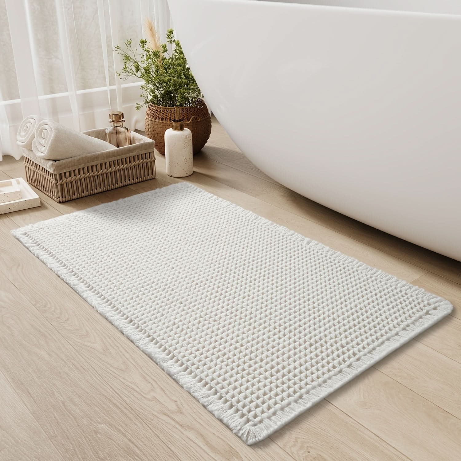 Tessara Waffle Bath Mat – Absorbent Cotton Textured Bathroom Floor Rug Non-Slip Spa Decor
