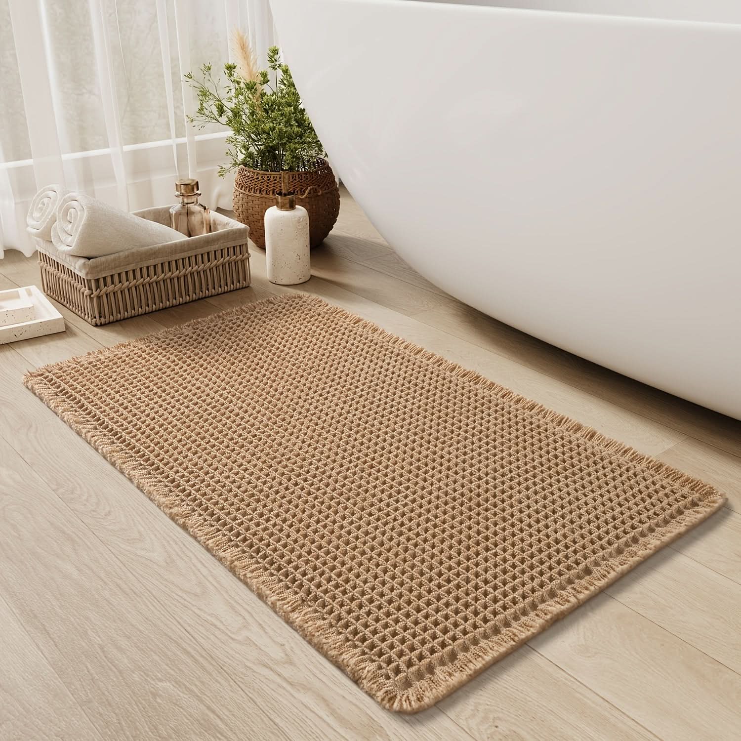 Tessara Waffle Bath Mat – Absorbent Cotton Textured Bathroom Floor Rug Non-Slip Spa Decor