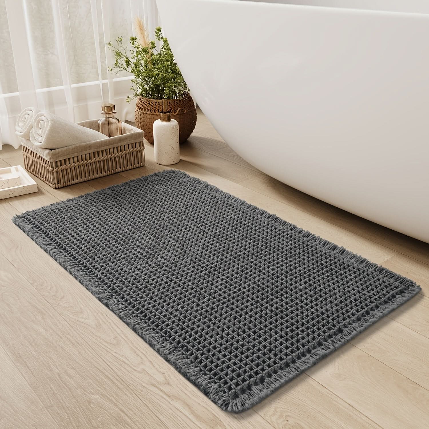 Tessara Waffle Bath Mat – Absorbent Cotton Textured Bathroom Floor Rug Non-Slip Spa Decor