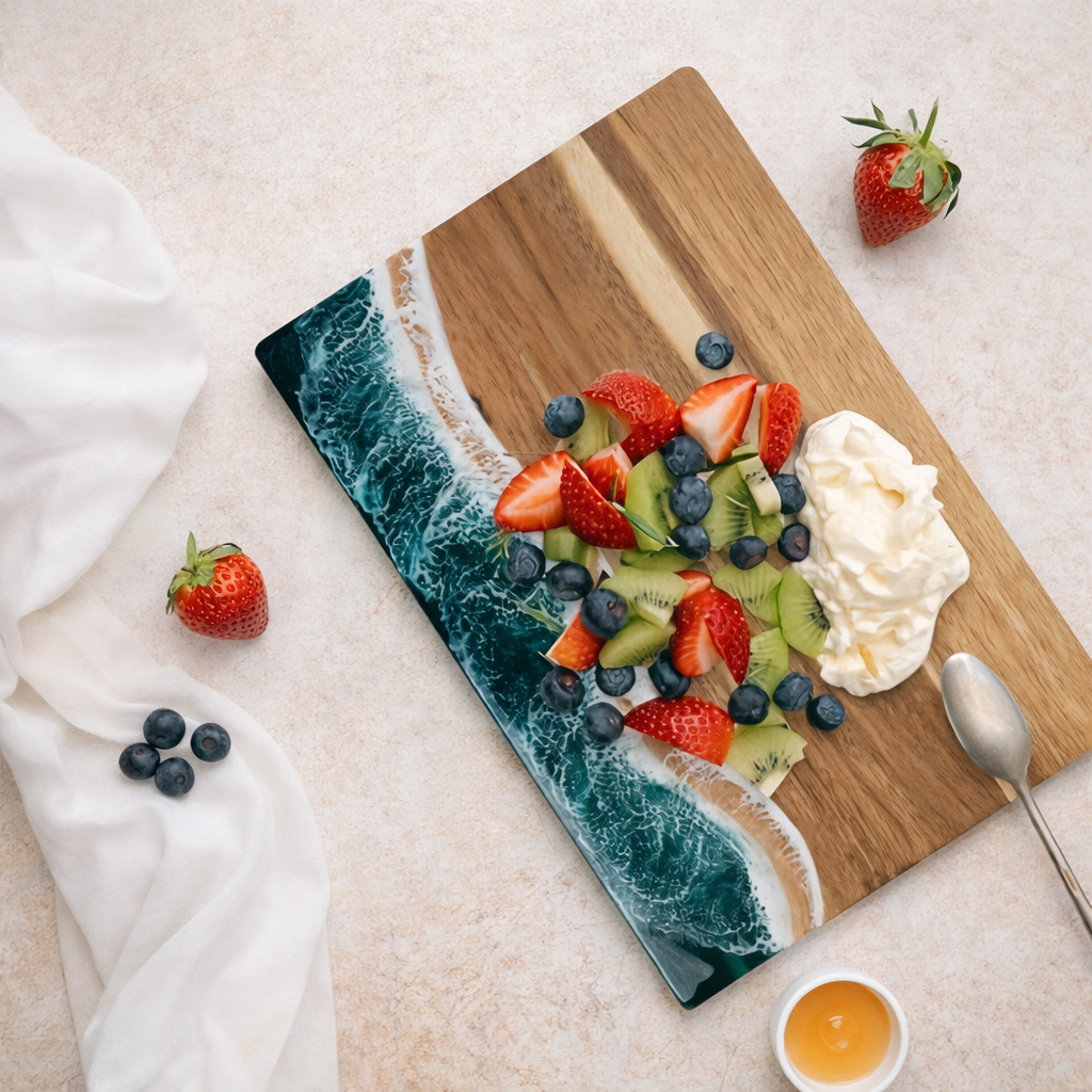 Tidara Ocean Resin Cutting Board – Acacia Wood Charcuterie Serving Board Kitchen Handmade Coastal Decor