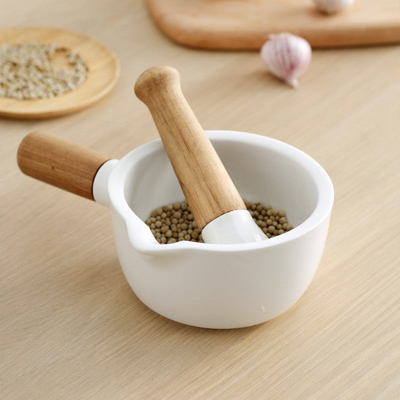 Verano Mortar Pestle Set – Ceramic Bowl Acacia Wood Handle Kitchen Spice Grinder Home Decor