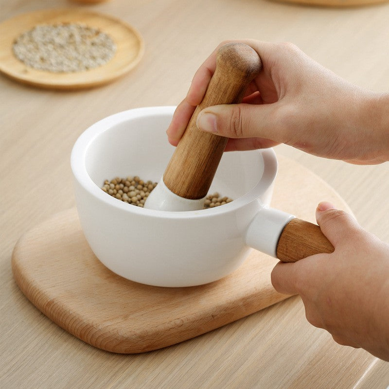 Verano Mortar Pestle Set – Ceramic Bowl Acacia Wood Handle Kitchen Spice Grinder Home Decor