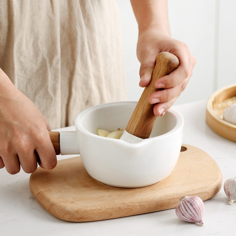 Verano Mortar Pestle Set – Ceramic Bowl Acacia Wood Handle Kitchen Spice Grinder Home Decor