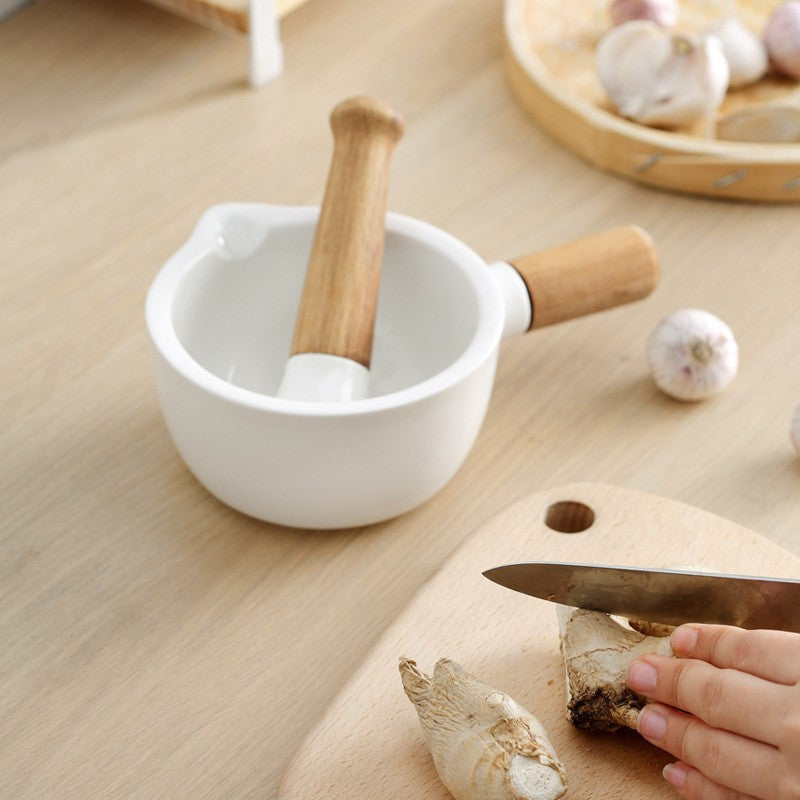Verano Mortar Pestle Set – Ceramic Bowl Acacia Wood Handle Kitchen Spice Grinder Home Decor