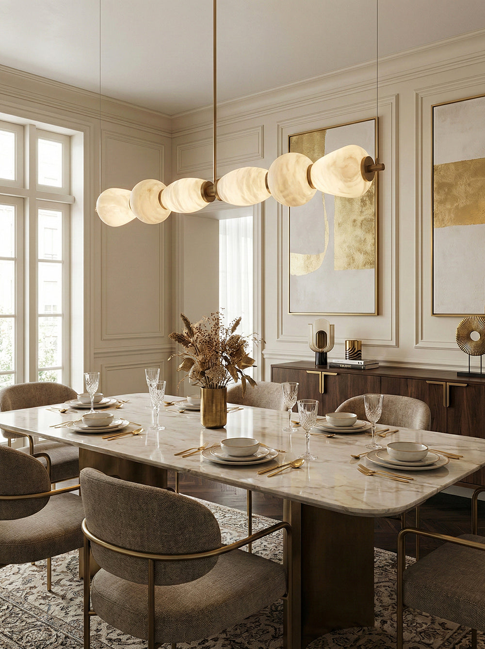 Alabaster River Chandelier – LED Indoor Modern Dining Room Light Fixture Linear Alabaster Finish