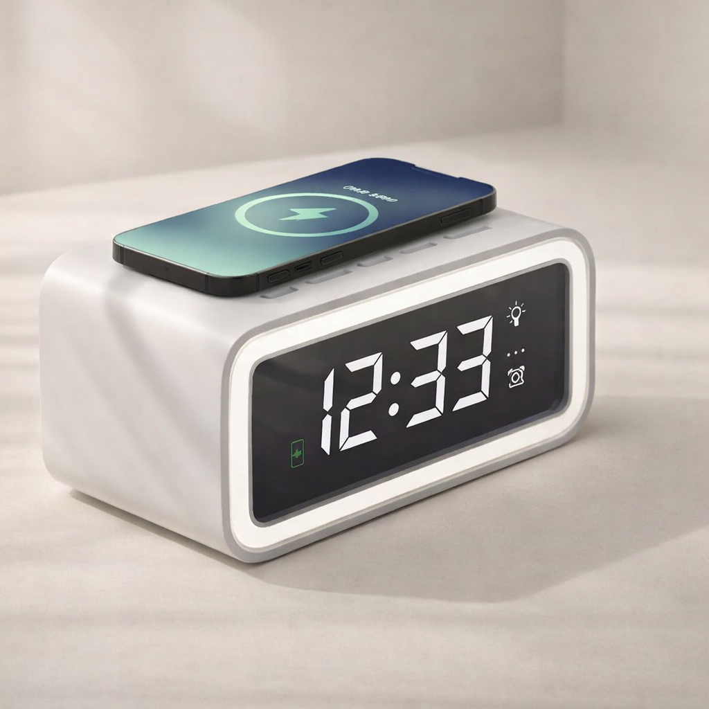 Chrona Sync Alarm Clock – Wireless Charging Digital LED Display Bedroom Nightstand White Minimalist
