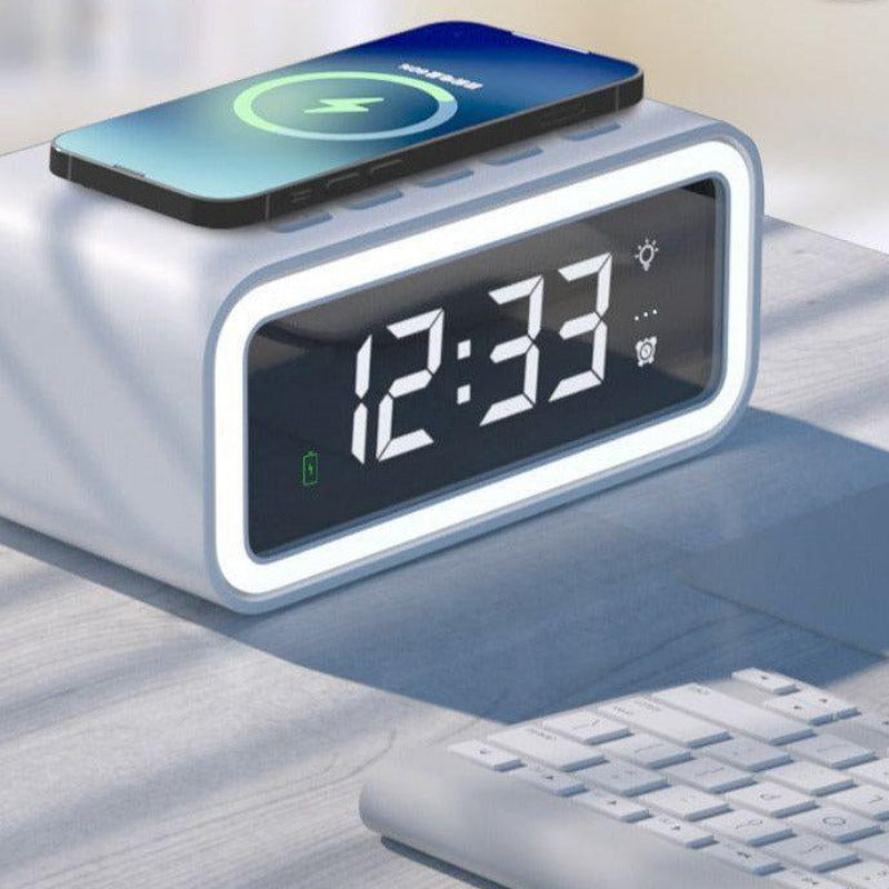 Chrona Sync Alarm Clock – Wireless Charging Digital LED Display Bedroom Nightstand White Minimalist