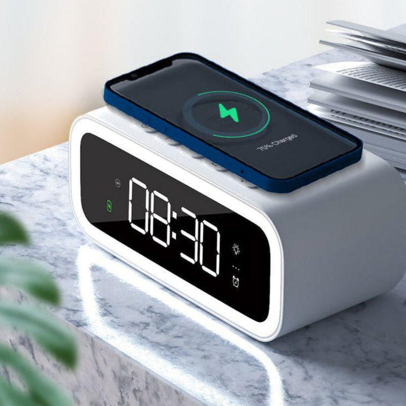 Chrona Sync Alarm Clock – Wireless Charging Digital LED Display Bedroom Nightstand White Minimalist