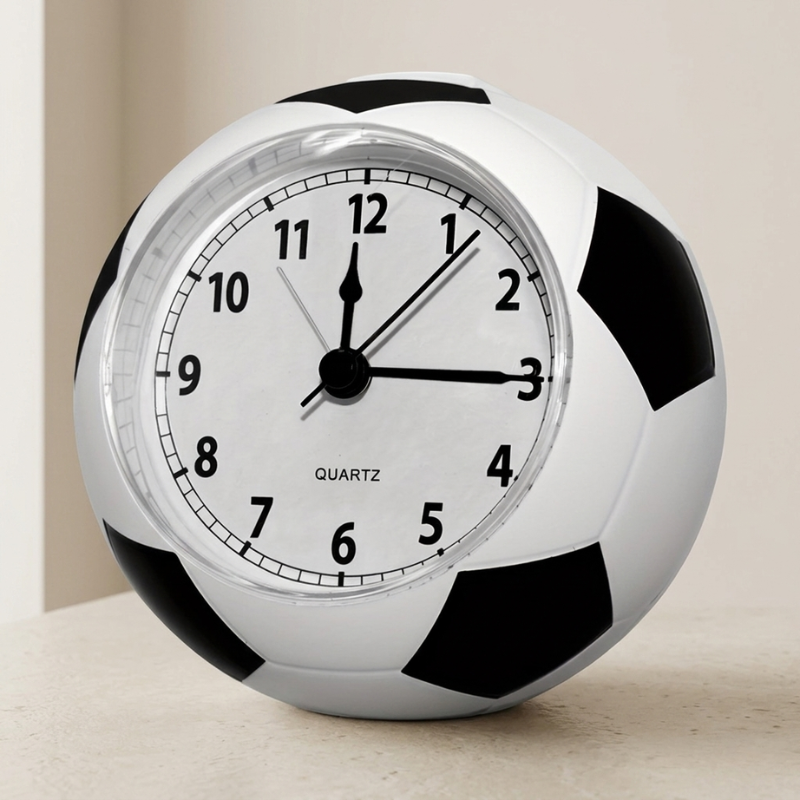 Striker Soccer Ball Alarm Clock – Kids Sports Bedroom Desk Table Quartz Battery Operated Round Novelty