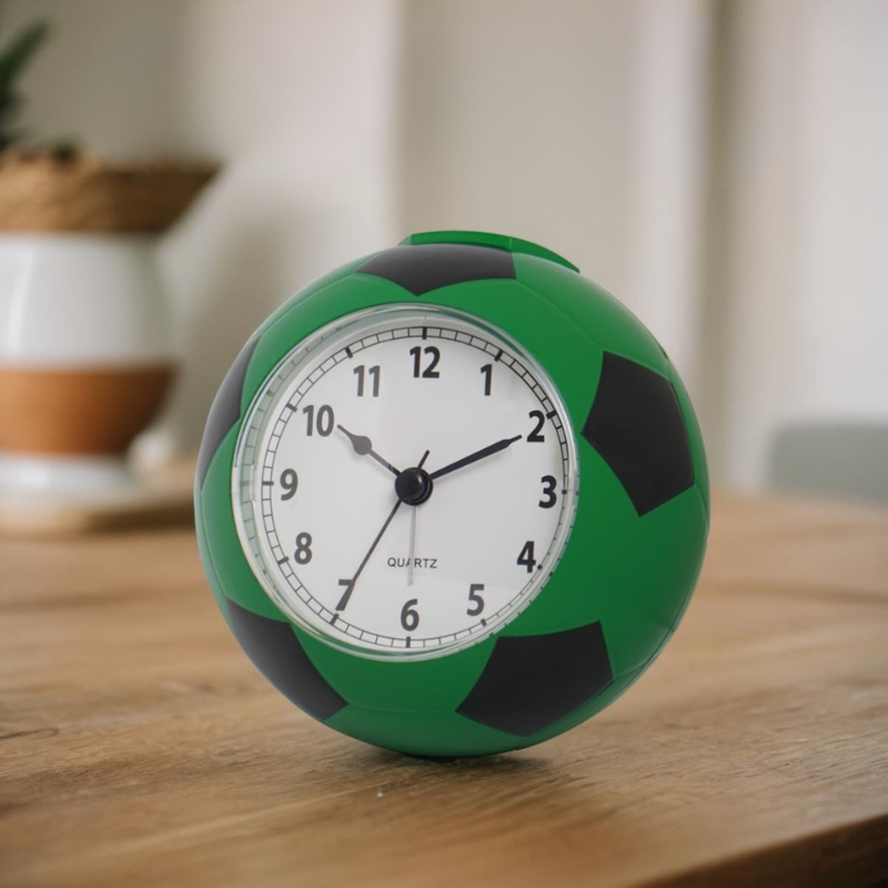 Striker Soccer Ball Alarm Clock – Kids Sports Bedroom Desk Table Quartz Battery Operated Round Novelty