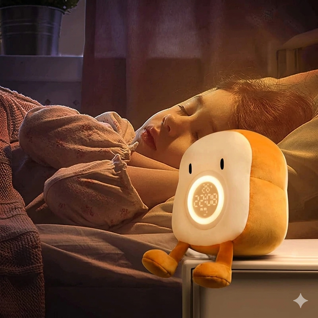 Toasty Toast Alarm Clock – LED Plush Digital Night Light Rechargeable Kids Bedroom Bedside Clock Snooze