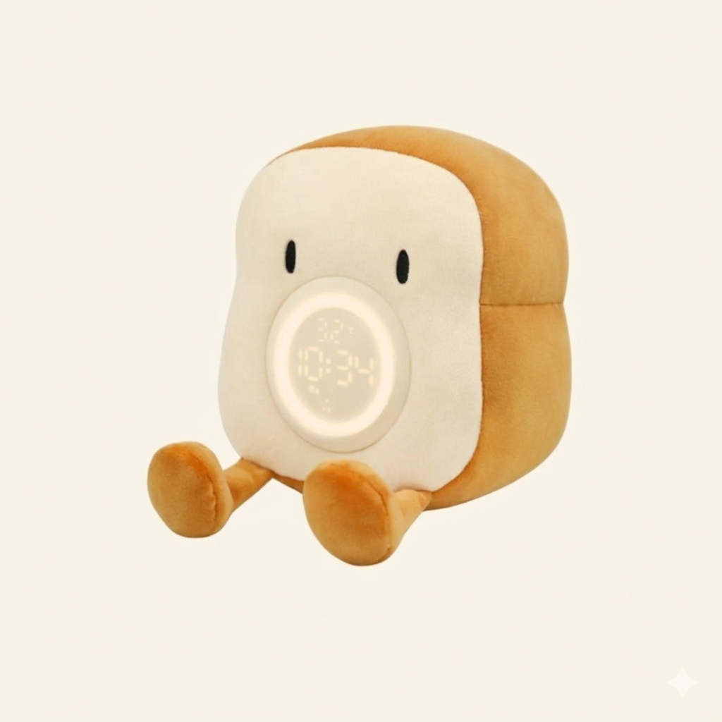 Toasty Toast Alarm Clock – LED Plush Digital Night Light Rechargeable Kids Bedroom Bedside Clock Snooze